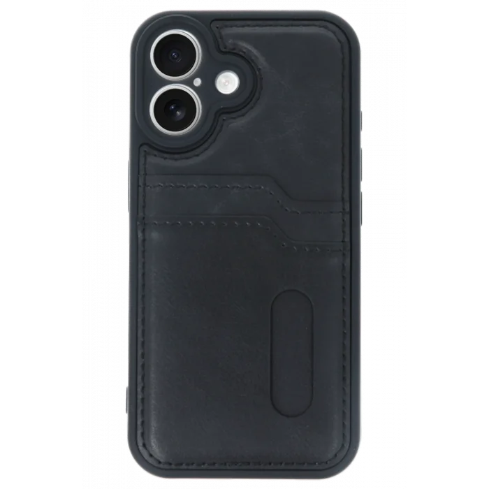 Mey İthalat®   iPhone 16 Kılıf Sara Kartvizitli Deri Kılıf - Siyah