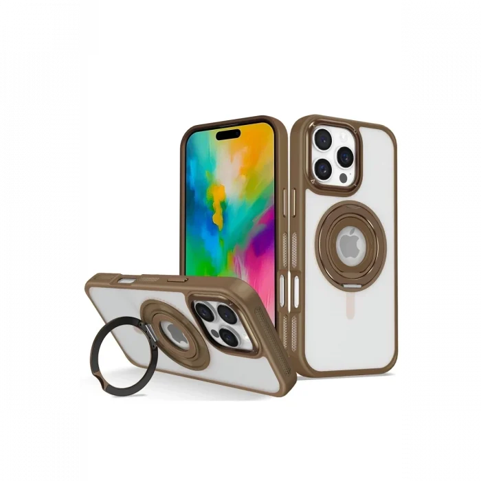 Mey İthalat®   iPhone 16 Pro Banza Magsafe Standlı Kapak - Kahverengi