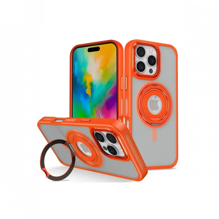 Mey İthalat®   iPhone 16 Pro Banza Magsafe Standlı Kapak - Turuncu