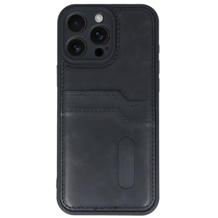 Mey İthalat®   iPhone 16 Pro Kılıf Sara Kartvizitli Deri Kılıf - Siyah
