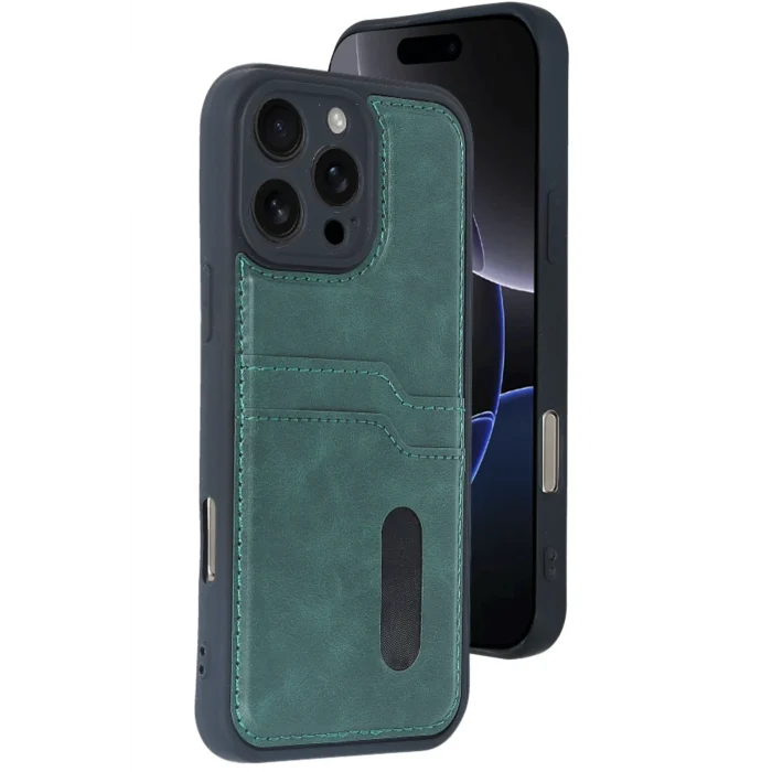 Mey İthalat®   iPhone 16 Pro Max Kılıf Sara Kartvizitli Deri Kılıf - Koyu Yeşil