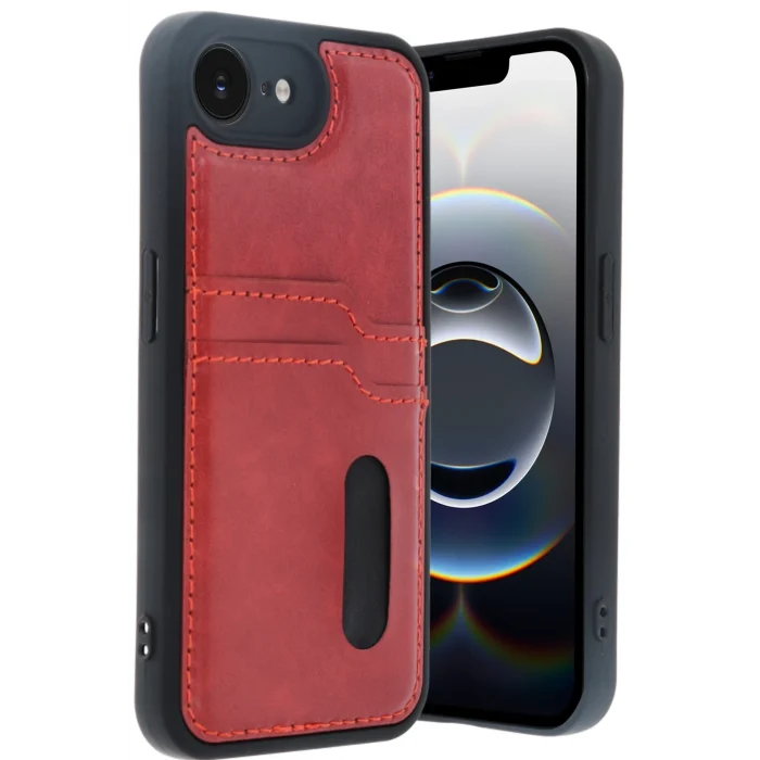 Mey İthalat®   iPhone 16E Kılıf Sara Kartvizitli Deri Kılıf - Kırmızı