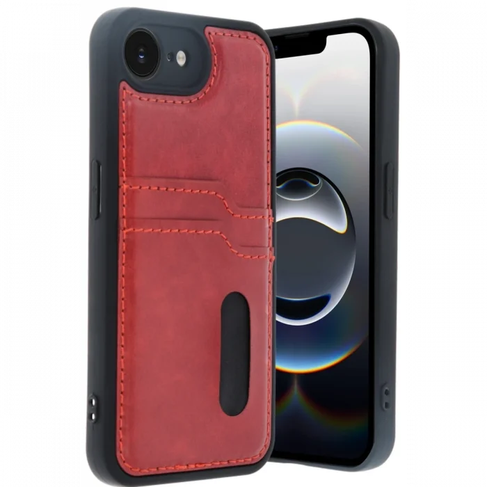 Mey İthalat®   iPhone 16E Kılıf Sara Kartvizitli Deri Kılıf - Kırmızı