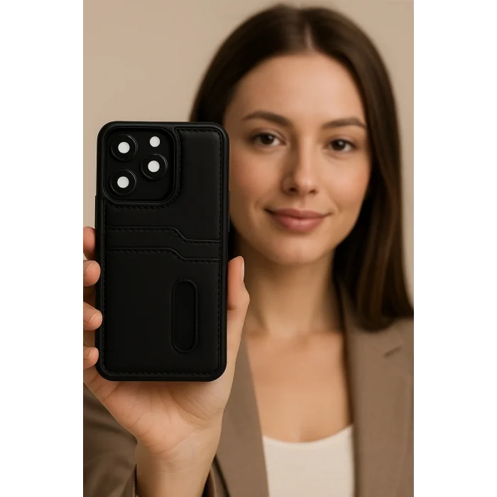 Mey İthalat®   iPhone 16E Kılıf Sara Kartvizitli Deri Kılıf - Koyu Yeşil
