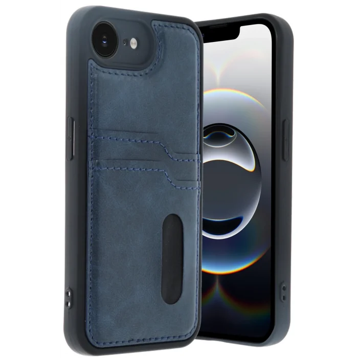 Mey İthalat®   iPhone 16E Kılıf Sara Kartvizitli Deri Kılıf - Lacivert