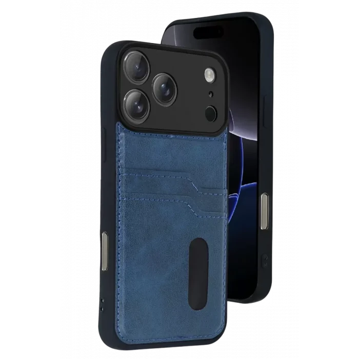 Mey İthalat®   iPhone 17 Pro Max Sara Kartvizitli Deri Kılıf - Lacivert