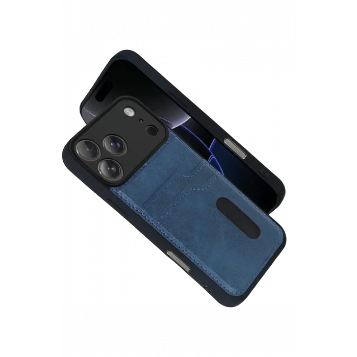 Mey İthalat®   iPhone 17 Pro Max Sara Kartvizitli Deri Kılıf - Lacivert