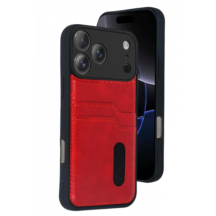 Mey İthalat®   iPhone 17 Pro Sara Kartvizitli Deri Kılıf - Kırmızı