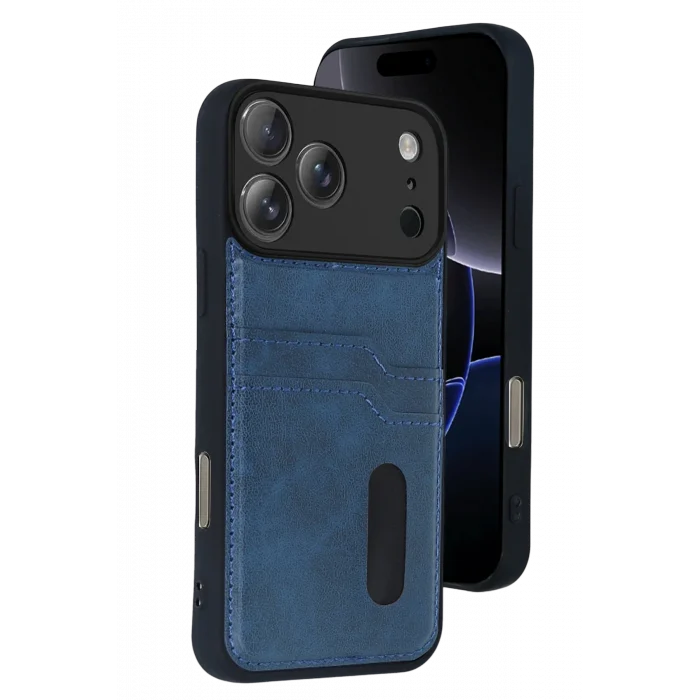 Mey İthalat®   iPhone 17 Pro Sara Kartvizitli Deri Kılıf - Lacivert