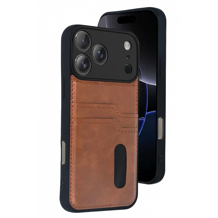 Mey İthalat®   iPhone 17 Pro Sara Kartvizitli Deri Kılıf - Taba