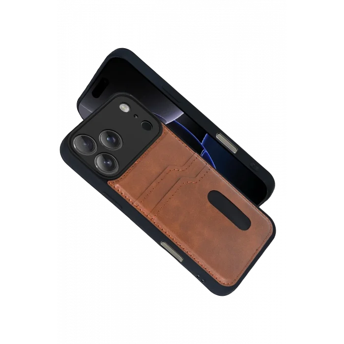 Mey İthalat®   iPhone 17 Pro Sara Kartvizitli Deri Kılıf - Taba