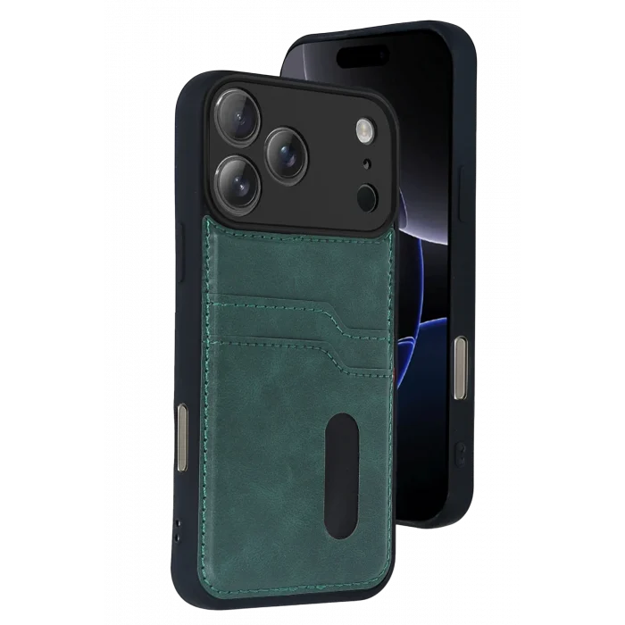 Mey İthalat®   iPhone 17 Pro Sara Kartvizitli Deri Kılıf - Yeşil