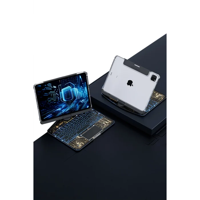 Mey İthalat®   JP11 iPad Pro 11 (2022) Kılıf Vales Dönen Ledli Klavyeli Tablet Kılıfı - Siyah