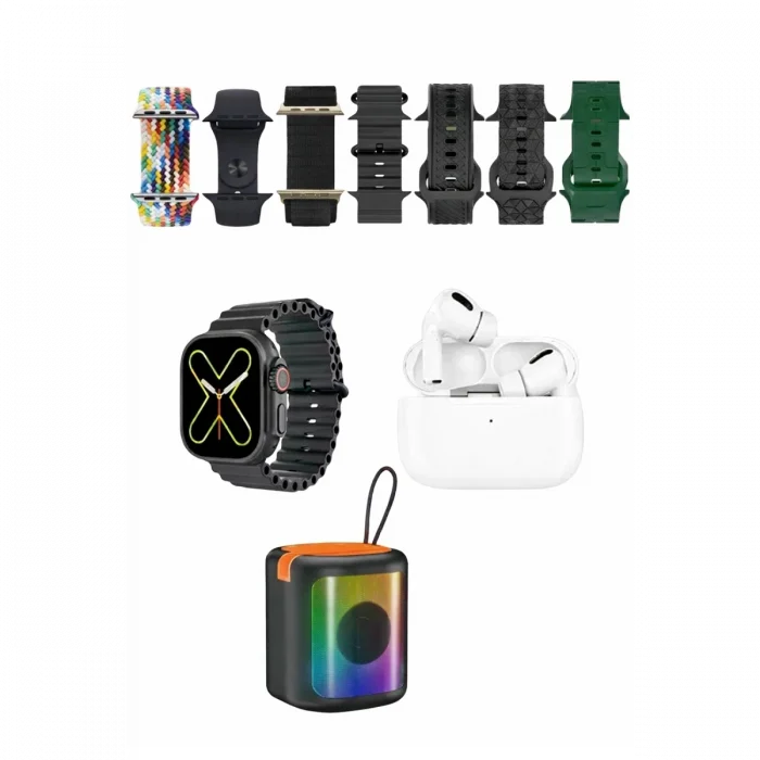 Mey İthalat®  K28 Kombo 7 Adet Kordon Akıllı Saat Airpods Kulaklık Kablosuz Hoparlör Set - Siyah