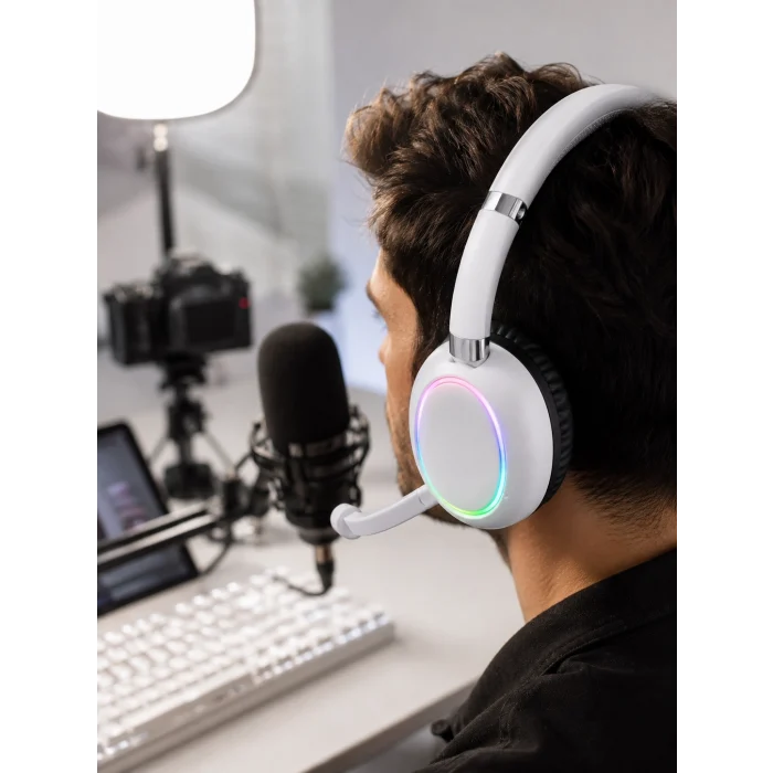 Mey İthalat® Kablosuz Bluetooth Mikrofonlu Beyaz Kulaklık  RGB Işıklı