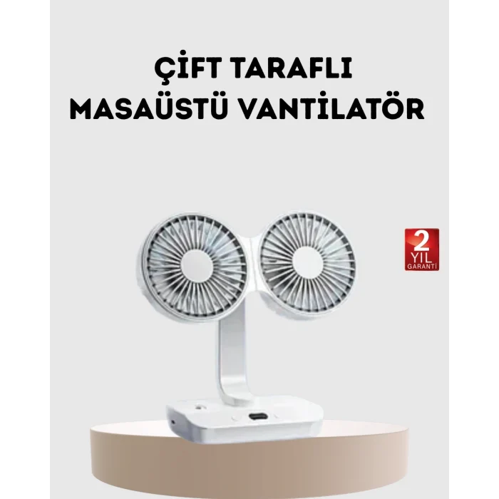 Mey İthalat® Kablosuz USB Şarjlı 720° Döner Masaüstü Fan – Çift Taraflı Serinlik ve Gece Lambası
