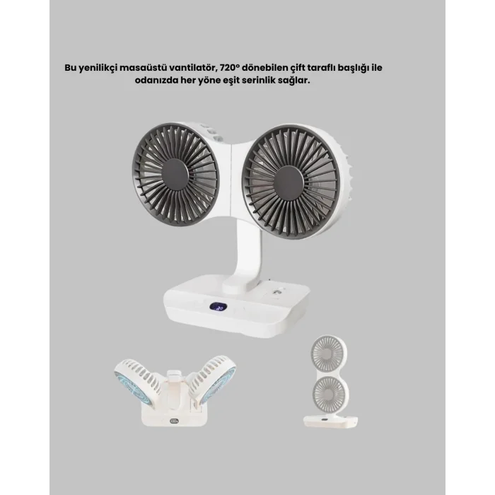 Mey İthalat® Kablosuz USB Şarjlı 720° Döner Masaüstü Fan – Çift Taraflı Serinlik ve Gece Lambası