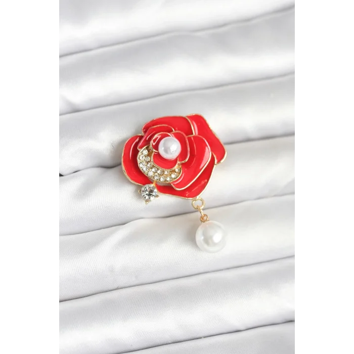 Mey İthalat® Kırmızı Gül İncili Model Broş