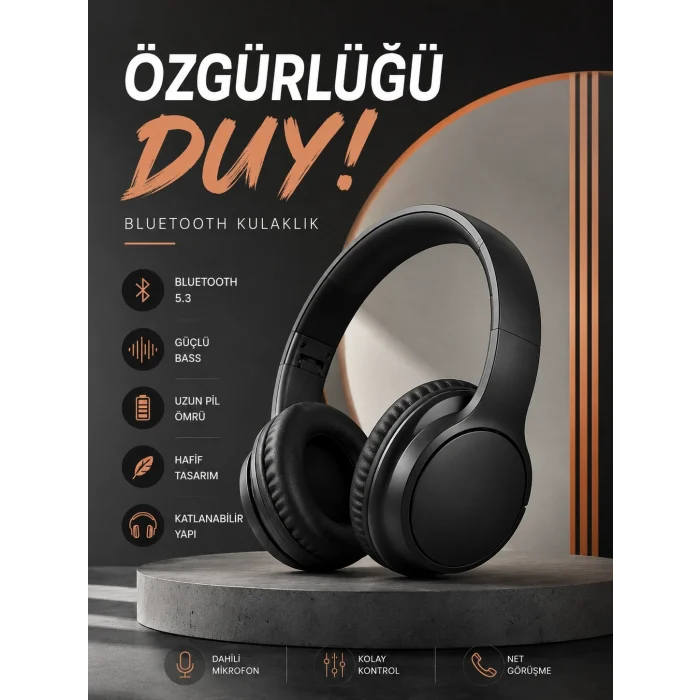 Mey İthalat® Kulak Üstü Bluetooth Kulaklık Ayarlanabiilir Uzun Pil Ömrü Kablosuz 5.0 Bluetooth