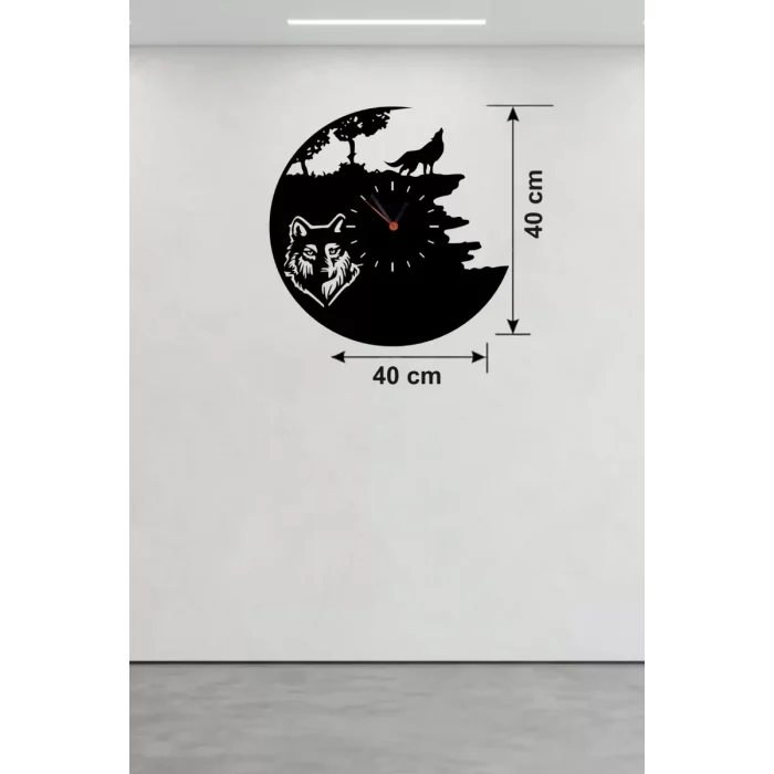 Mey İthalat® Kurt Temalı Lazer Kesim Ahşap Duvar Saati - 40x40 cm Dekoratif