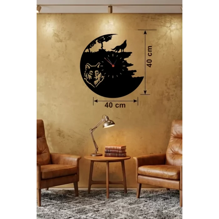Mey İthalat® Kurt Temalı Lazer Kesim Ahşap Duvar Saati - 40x40 cm Dekoratif