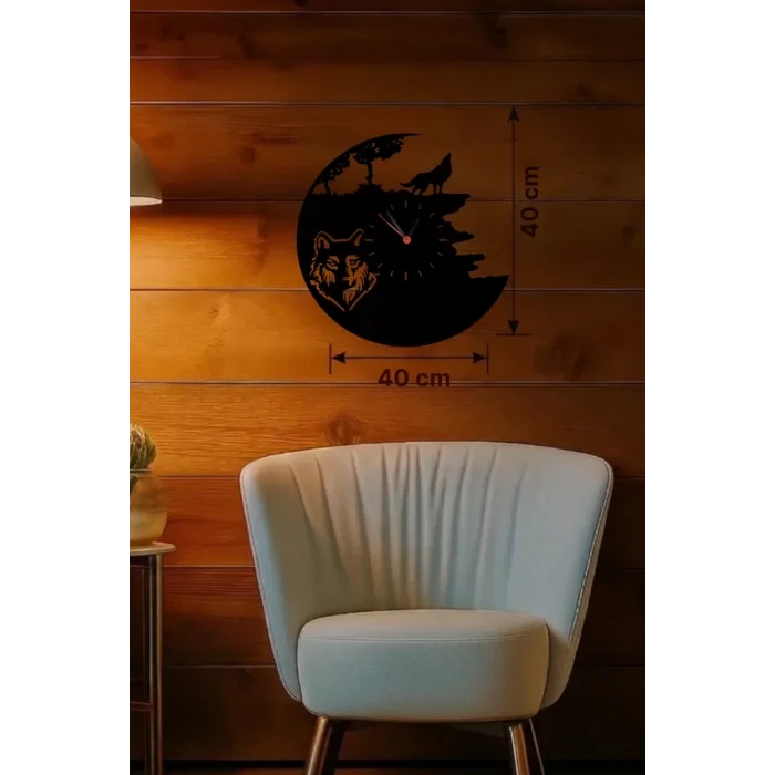 Mey İthalat® Kurt Temalı Lazer Kesim Ahşap Duvar Saati - 40x40 cm Dekoratif