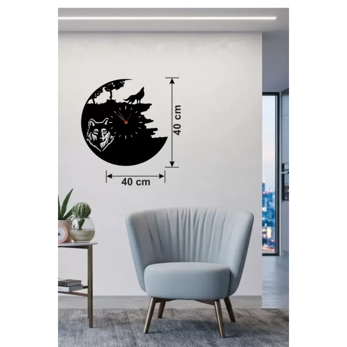 Mey İthalat® Kurt Temalı Lazer Kesim Ahşap Duvar Saati - 40x40 cm Dekoratif