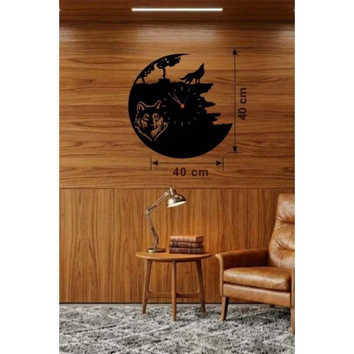 Mey İthalat® Kurt Temalı Lazer Kesim Ahşap Duvar Saati - 40x40 cm Dekoratif