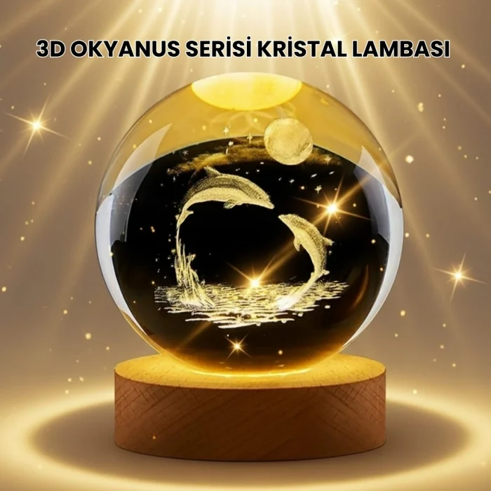 Mey İthalat® Lazer İşlemeli Yunus Kristal Küre Sıcak Işıklı Ahşap Standlı