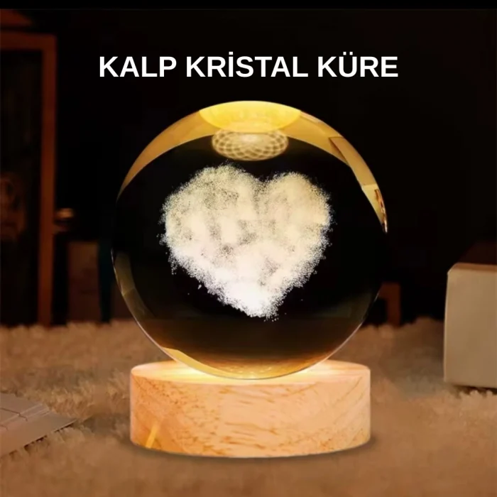 Mey İthalat® LED Işıklı Kalp Desenli Cam Küre Büyük Boy Ahşap Tabanlı