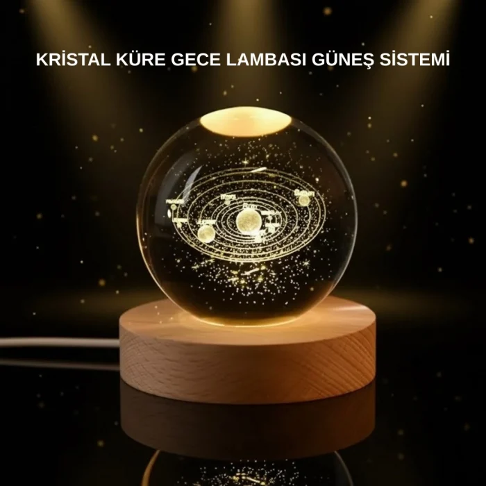 Mey İthalat® LED Işıklı Kristal Küre Ahşap Standlı Dekoratif Gezegen Model