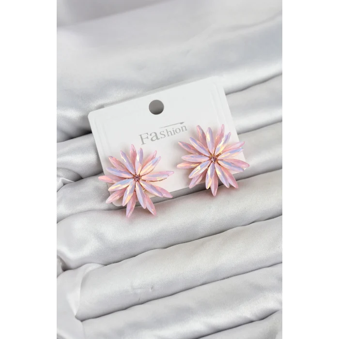 Mey İthalat® Lotus Model Pembe Renk Kristal Taşlı Kadın Küpe