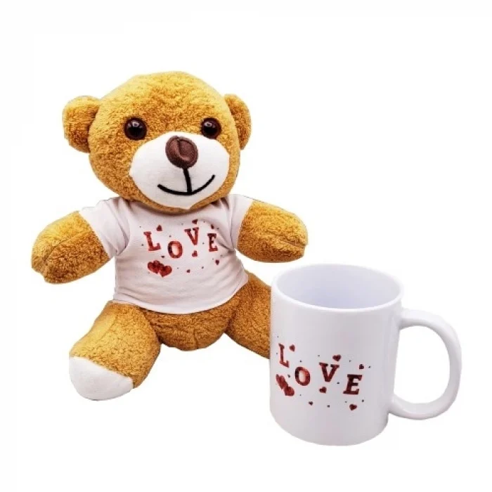 Mey İthalat®  Love Baskılı Kahverengi Ayıcık Ve Kupa Seti