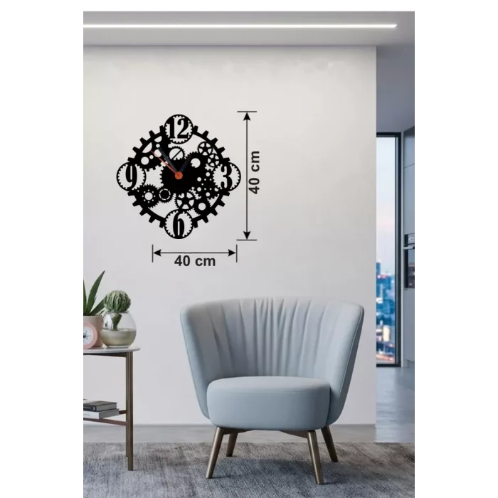 Mey İthalat® Mekanik Dişli Çark Tasarım Ahşap Duvar Saati - 40x40 cm Steampunk Dekor