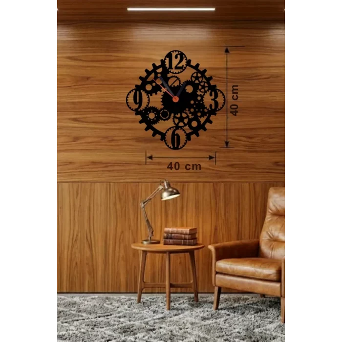 Mey İthalat® Mekanik Dişli Çark Tasarım Ahşap Duvar Saati - 40x40 cm Steampunk Dekor