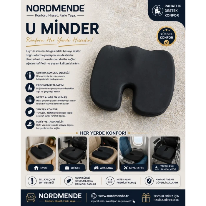 Mey İthalat® Ortopedik Oturma Minderi Hemoroid Kuyruk Sokumu Destekli Sünger Minder Siyah