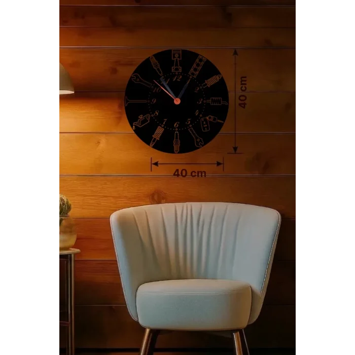 Mey İthalat® Otomobil Parçaları Tasarım Ahşap Duvar Saati - 40x40 cm Mekanik Saat