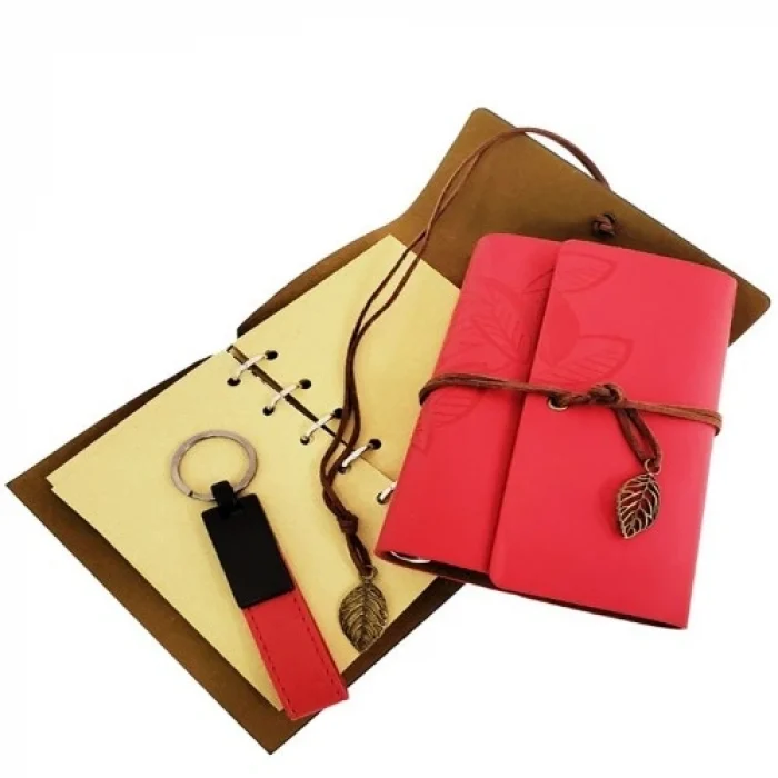 Mey İthalat® Özel Ahşap Kutulu Kırmızı Deri Defter ve Anahtarlık Set