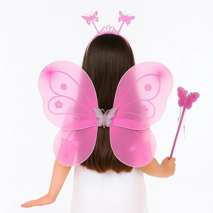 Mey İthalat® Pembe Kelebek Kız Seti – 50 cm Kelebek Kanadı, Taç ve Asa