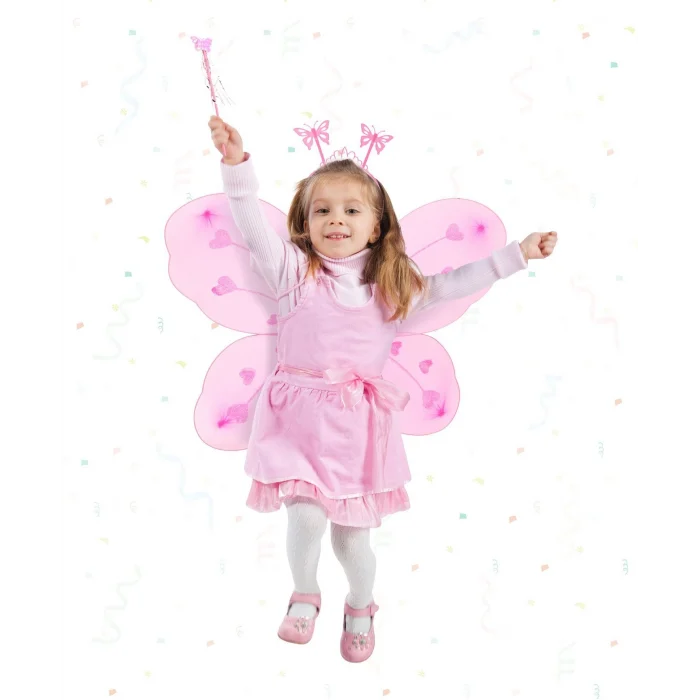 Mey İthalat® Pembe Kelebek Kız Seti – 50 cm Kelebek Kanadı, Taç ve Asa
