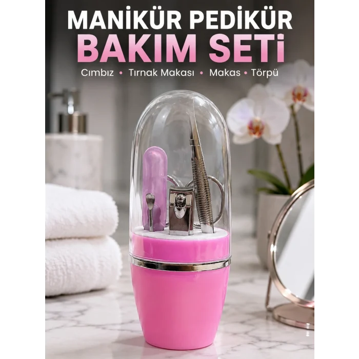 Mey İthalat® Pembe Tırnak Bakım Seti Cımbız Makas Tırnak Makası ve Törpü İçeren Kit