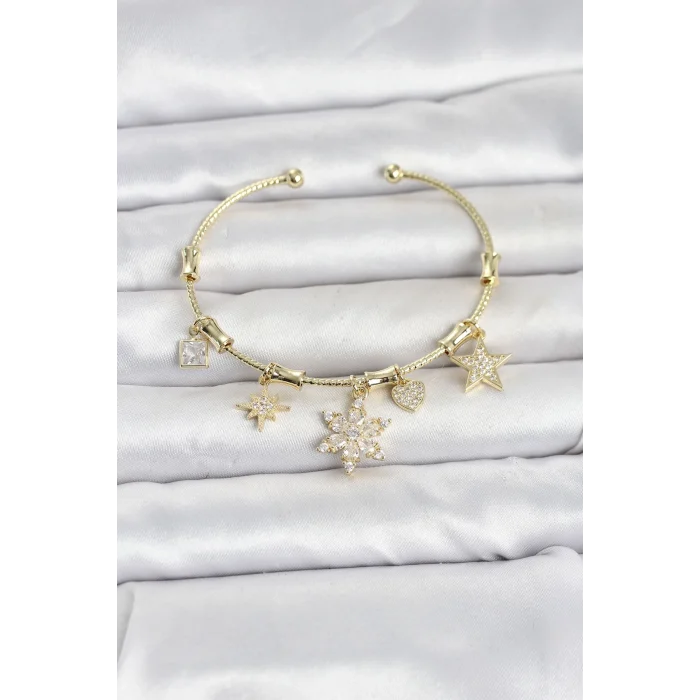 Mey İthalat® Pirinç Gold Renk Lotus Detay Charmlı Kadın Bileklik