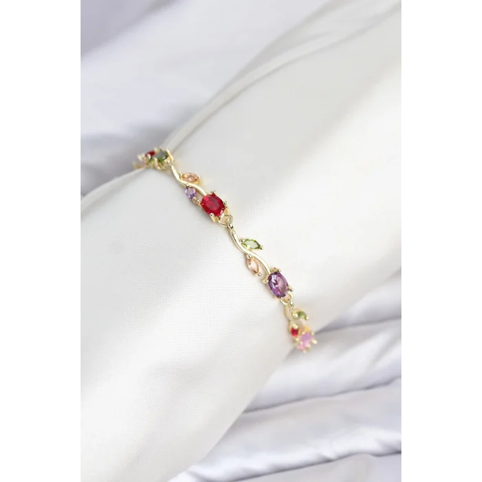 Mey İthalat® Pirinç Gold Renk Mix Renk Zirkon Taşlı Çiçek Model Kadın Bileklik