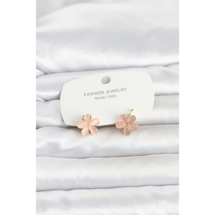 Mey İthalat® Pirinç Gold Renk Pembe Çiçek Model Çocuk Küpe