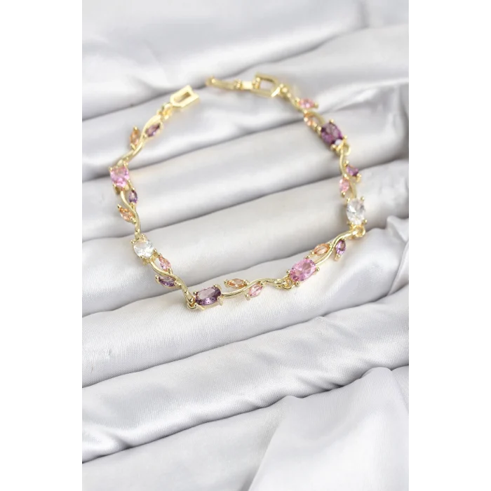 Mey İthalat® Pirinç Gold Renk Pembe ve Mor Zirkon Taşlı Çiçek Model Kadın Bileklik