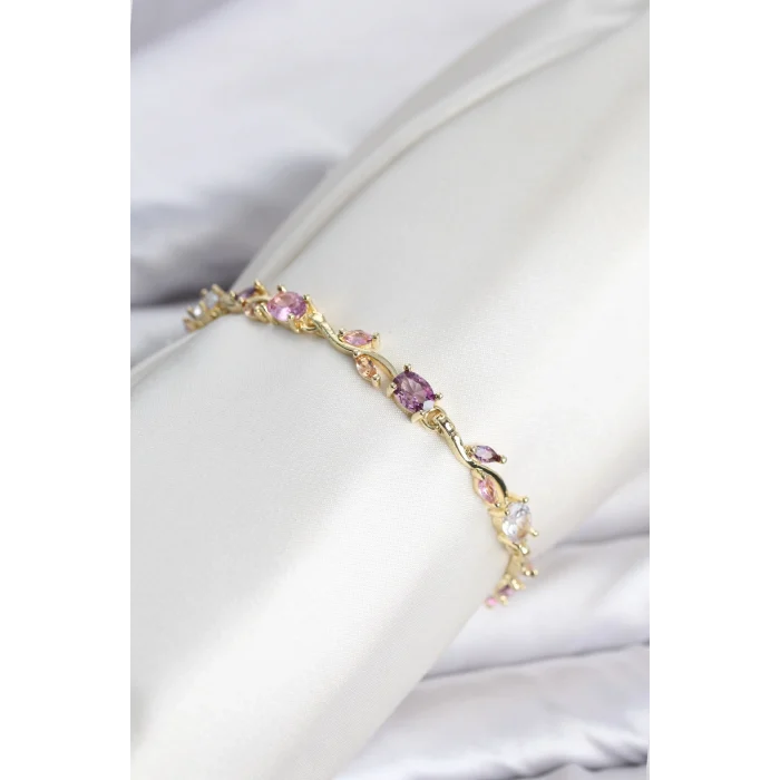 Mey İthalat® Pirinç Gold Renk Pembe ve Mor Zirkon Taşlı Çiçek Model Kadın Bileklik