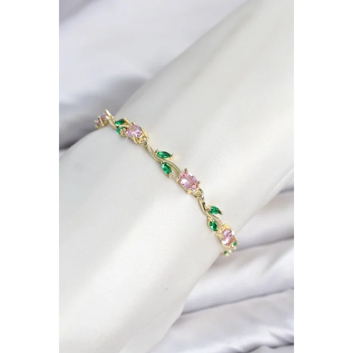 Mey İthalat® Pirinç Gold Renk Pembe Zirkon Taşlı Çiçek Model Kadın Bileklik