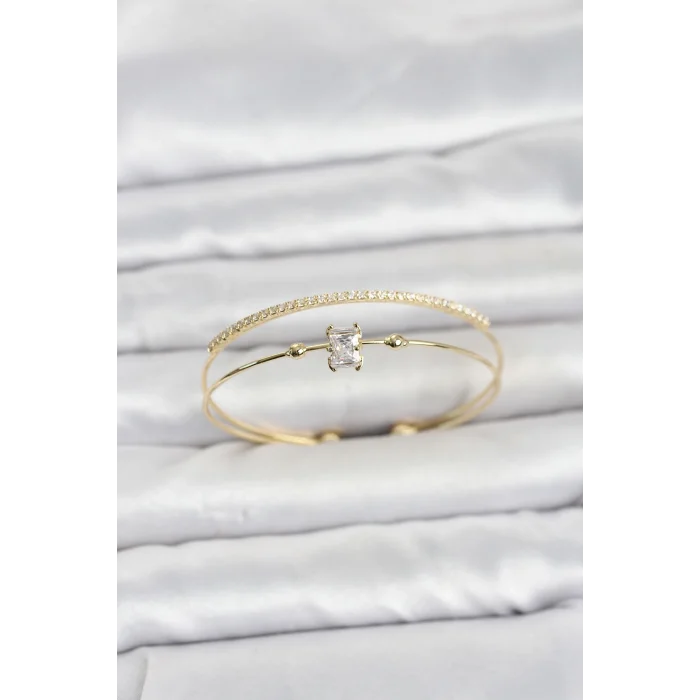 Mey İthalat® Pirinç Gold Renk Zirkon Taşlı Baget Model Kadın Bileklik