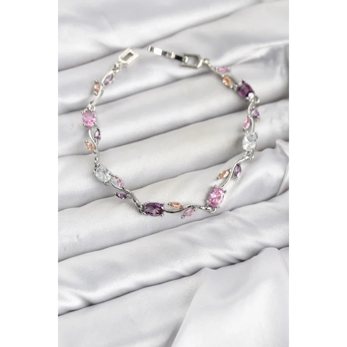 Mey İthalat® Pirinç Gümüş Renk Pembe ve Mor Zirkon Taşlı Çiçek Model Kadın Bileklik