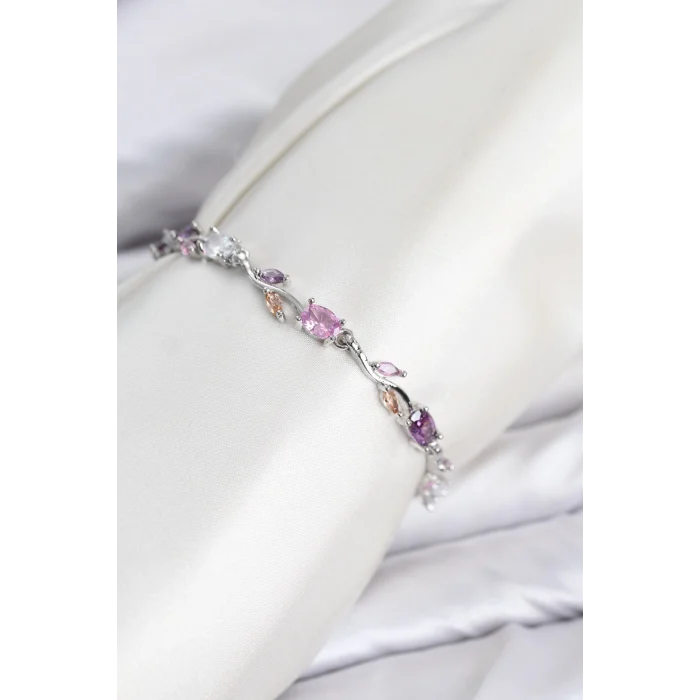 Mey İthalat® Pirinç Gümüş Renk Pembe ve Mor Zirkon Taşlı Çiçek Model Kadın Bileklik